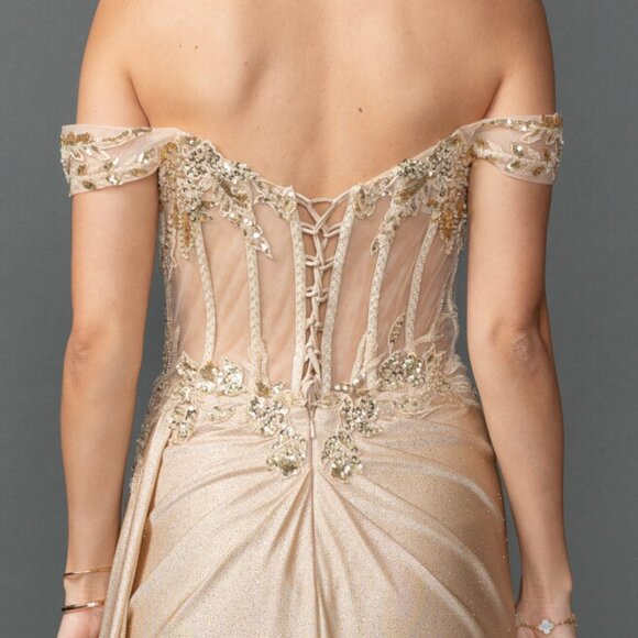 New Off The Shoulder Beds Embellished Maxi Prom Gown w/ Lace up Back DQ 4535 - Picture 7 of 8